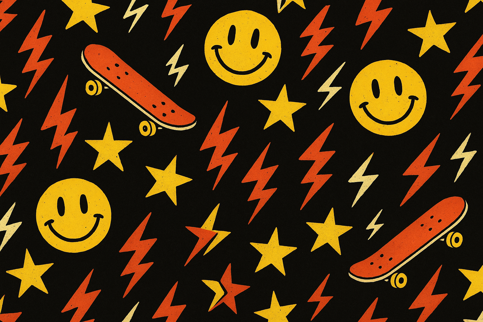 Pattern of smiley faces, skateboards, stars, and lightning bolts on a black background