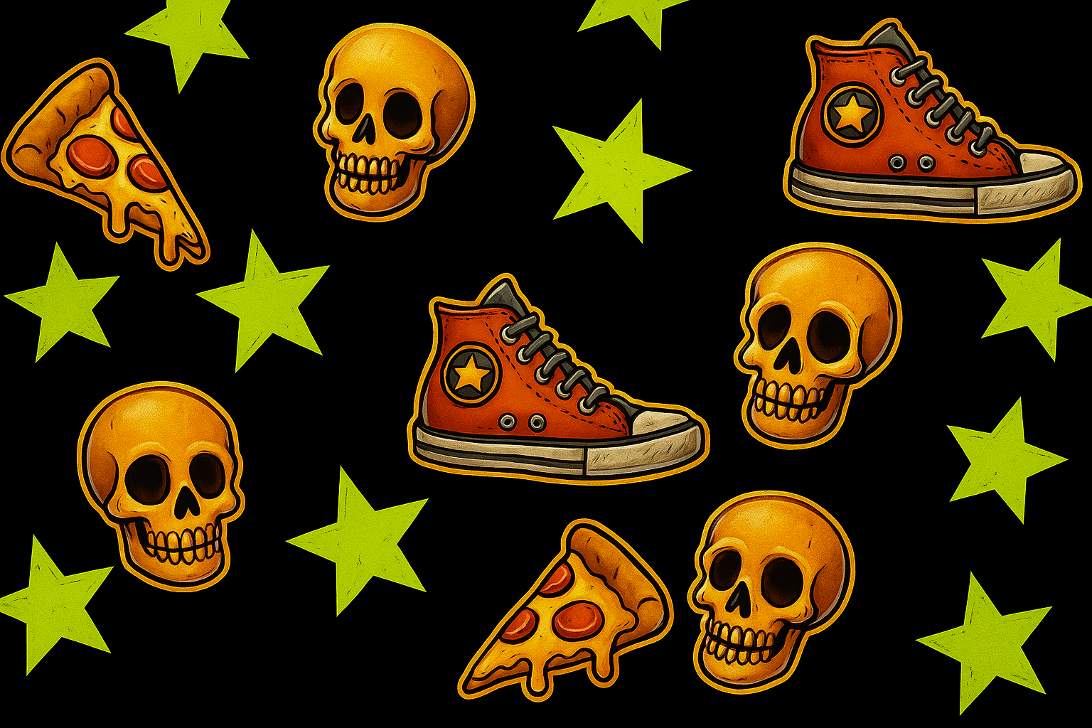 Pattern of skulls, pizza slices, and red high-top sneakers on a black background with green stars.