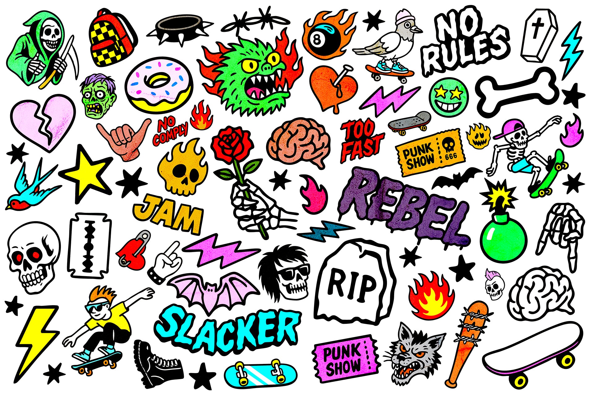 Collection of colorful stickers with various designs and text on a black background